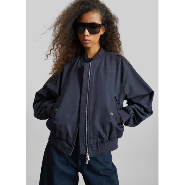 The Frankie Shop Davron Denim Effect Bomber Jacket - Dark Navy - Oversized Minimalist Jackets in Blue - Shop at Luxury Shoes 