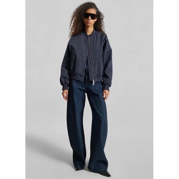 The Frankie Shop Davron Denim Effect Bomber Jacket - Dark Navy - Oversized Minimalist Jackets in Blue - Shop at Luxury Shoes 