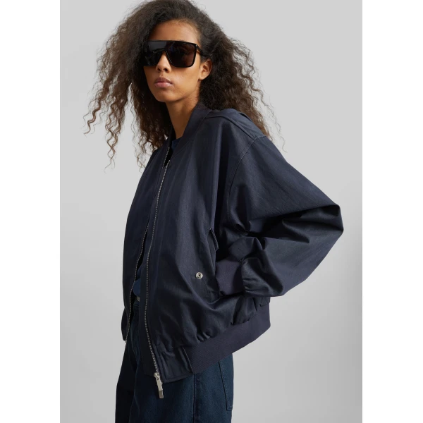 The Frankie Shop Davron Denim Effect Bomber Jacket - Dark Navy - Oversized Minimalist Jackets in Blue - Shop at Luxury Shoes 