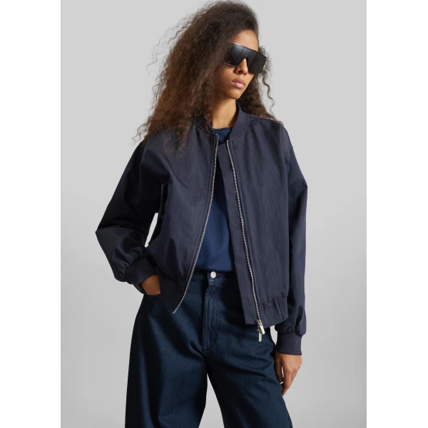 The Frankie Shop Davron Denim Effect Bomber Jacket - Dark Navy - Oversized Minimalist Jackets in Blue - Shop at Luxury Shoes 