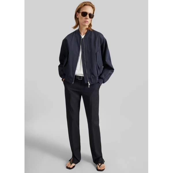 The Frankie Shop Davron Denim Effect Bomber Jacket - Dark Navy - Oversized Minimalist Jackets in Blue - Shop at Luxury Shoes 