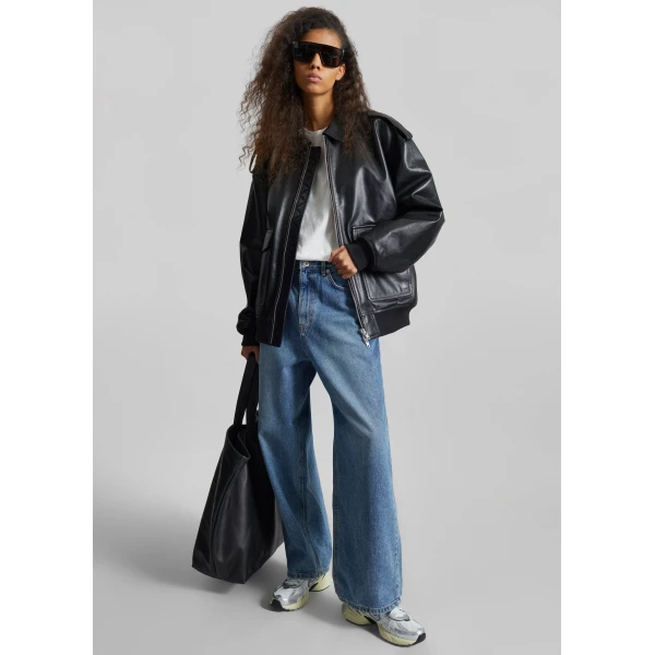 The Frankie Shop Dawson Wide Leg Jeans - Medium Wash - Oversized Minimalist Pants in Grey - Shop at Luxury Shoes 