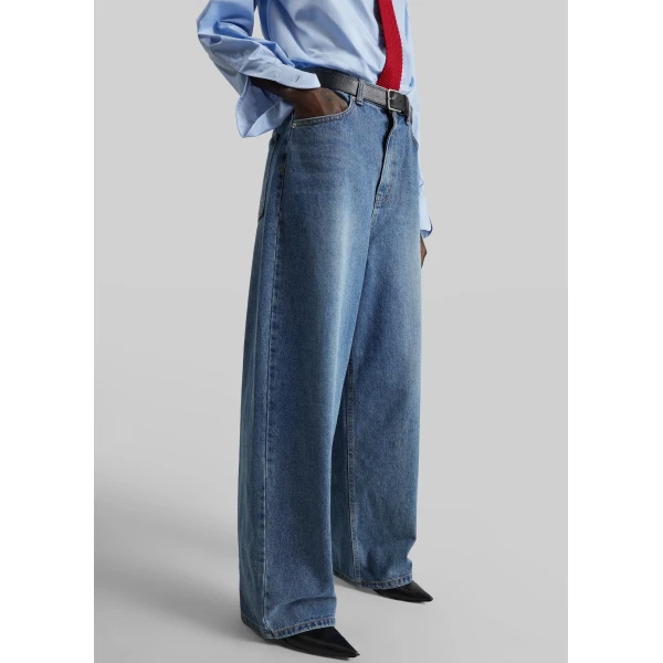 The Frankie Shop Dawson Wide Leg Jeans - Medium Wash - Oversized Minimalist Pants in Grey - Shop at Luxury Shoes 