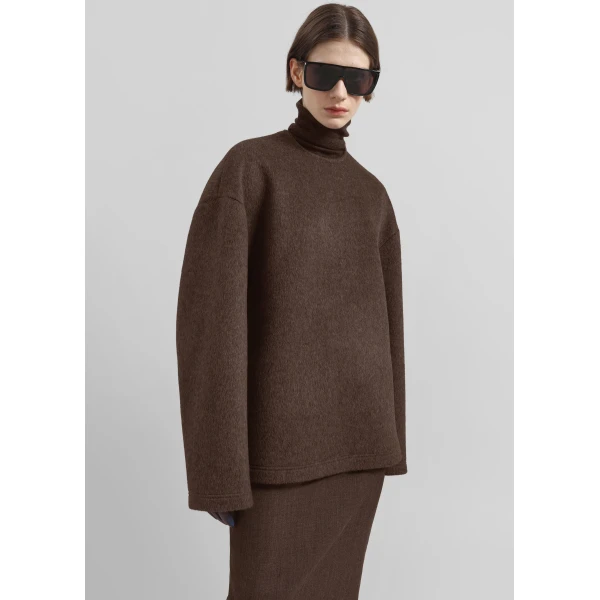 The Frankie Shop Delancey Long Sleeve Wool Top - Brown Melange - Oversized Minimalist Tops in Beige - Shop at Luxury Shoes 