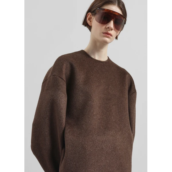 The Frankie Shop Delancey Long Sleeve Wool Top - Brown Melange - Oversized Minimalist Tops in Beige - Shop at Luxury Shoes 
