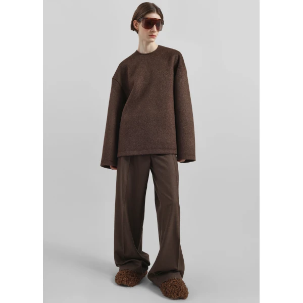 The Frankie Shop Delancey Long Sleeve Wool Top - Brown Melange - Oversized Minimalist Tops in Beige - Shop at Luxury Shoes 