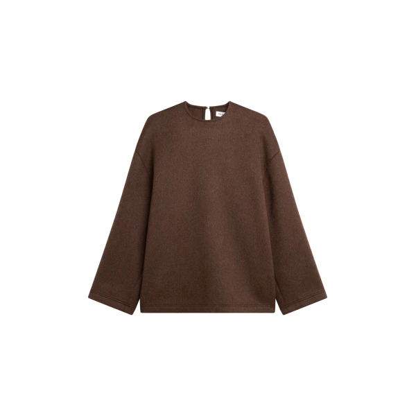 The Frankie Shop Delancey Long Sleeve Wool Top - Brown Melange - Oversized Minimalist Tops in Beige - Shop at Luxury Shoes 