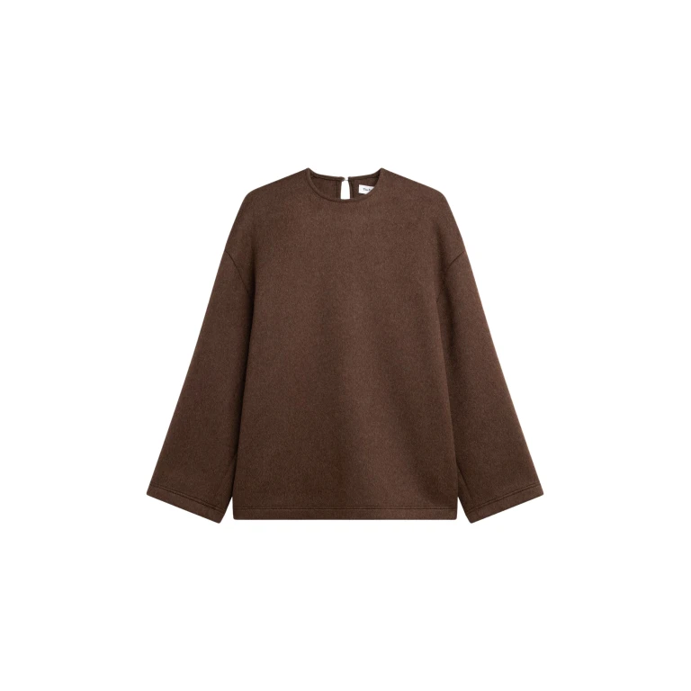 The Frankie Shop Delancey Long Sleeve Wool Top - Brown Melange - Oversized Minimalist Tops in Beige - Shop at Luxury Shoes 
