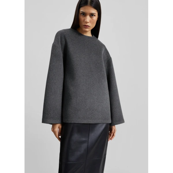 The Frankie Shop Delancey Long Sleeve Wool Top - Dark Grey Melange - Oversized Minimalist Tops in Grey - Shop at Luxury Shoes 