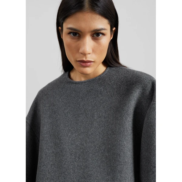 The Frankie Shop Delancey Long Sleeve Wool Top - Dark Grey Melange - Oversized Minimalist Tops in Grey - Shop at Luxury Shoes 