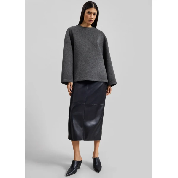 The Frankie Shop Delancey Long Sleeve Wool Top - Dark Grey Melange - Oversized Minimalist Tops in Grey - Shop at Luxury Shoes 