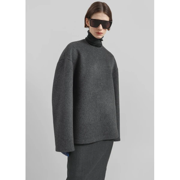 The Frankie Shop Delancey Long Sleeve Wool Top - Dark Grey Melange - Oversized Minimalist Tops in Grey - Shop at Luxury Shoes 