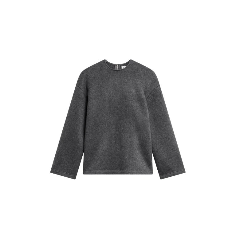 The Frankie Shop Delancey Long Sleeve Wool Top - Dark Grey Melange - Oversized Minimalist Tops in Grey - Shop at Luxury Shoes 