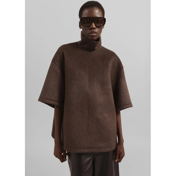 The Frankie Shop Delancey Mock Neck Wool Top - Brown Melange - Oversized Minimalist Tops in Beige - Shop at Luxury Shoes 