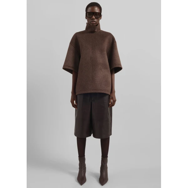 The Frankie Shop Delancey Mock Neck Wool Top - Brown Melange - Oversized Minimalist Tops in Beige - Shop at Luxury Shoes 