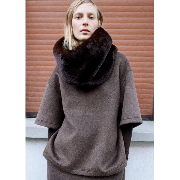 The Frankie Shop Delancey Mock Neck Wool Top - Brown Melange - Oversized Minimalist Tops in Beige - Shop at Luxury Shoes 