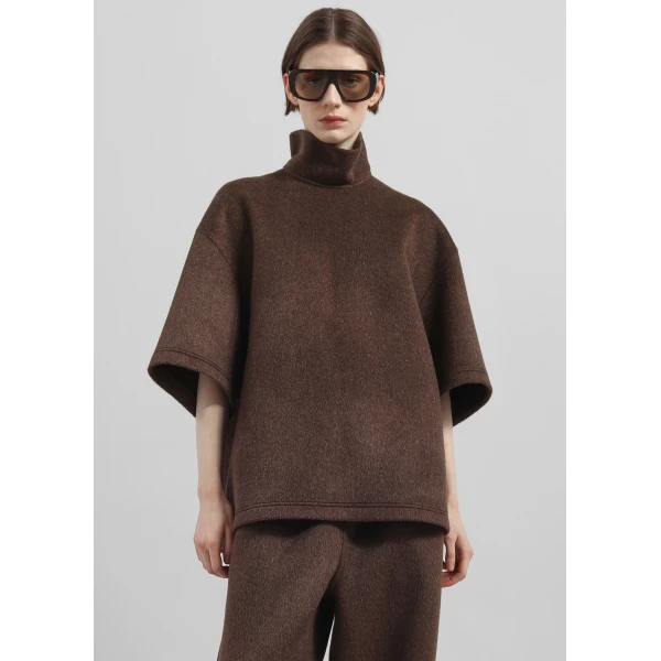 The Frankie Shop Delancey Mock Neck Wool Top - Brown Melange - Oversized Minimalist Tops in Beige - Shop at Luxury Shoes 