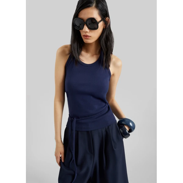 The Frankie Shop Denia Halter Tie Top - Navy - Oversized Minimalist Tops in Blue - Shop at Luxury Shoes 