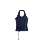The Frankie Shop Denia Halter Tie Top - Navy - Oversized Minimalist Tops in Blue - Shop at Luxury Shoes 