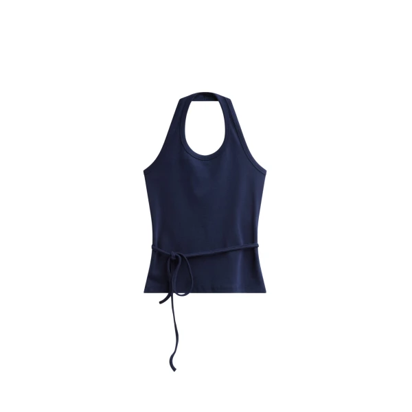 The Frankie Shop Denia Halter Tie Top - Navy - Oversized Minimalist Tops in Blue - Shop at Luxury Shoes 
