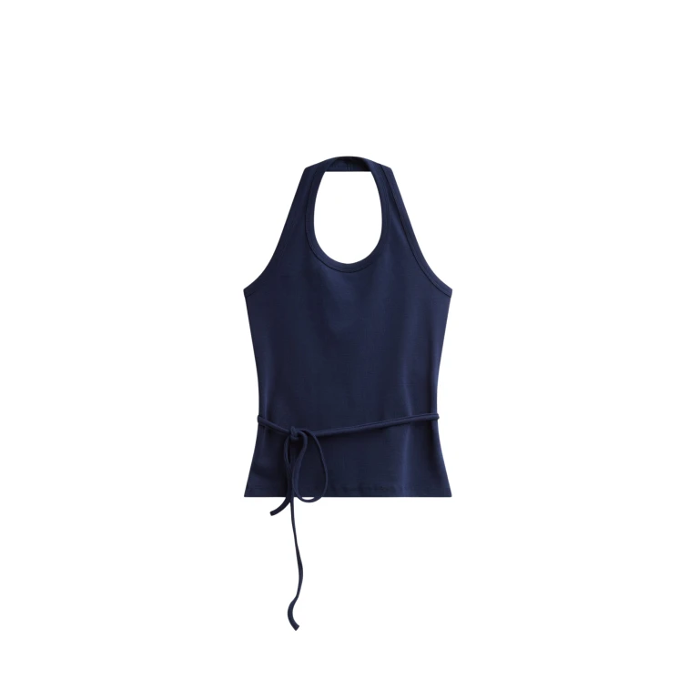 The Frankie Shop Denia Halter Tie Top - Navy - Oversized Minimalist Tops in Blue - Shop at Luxury Shoes 