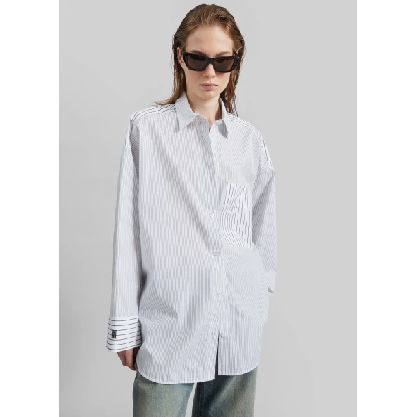 The Frankie Shop Derris Shirt - White/Black Mix Stripe - Oversized Minimalist Tops in Multicolour - Shop at Luxury Shoes 