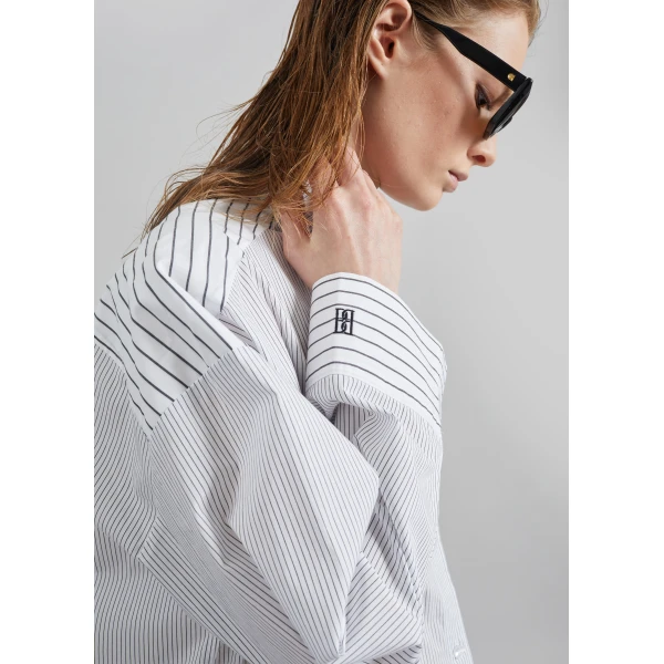 The Frankie Shop Derris Shirt - White/Black Mix Stripe - Oversized Minimalist Tops in Multicolour - Shop at Luxury Shoes 