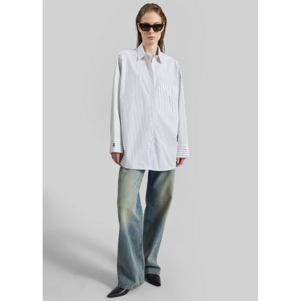 The Frankie Shop Derris Shirt - White/Black Mix Stripe - Oversized Minimalist Tops in Multicolour - Shop at Luxury Shoes 