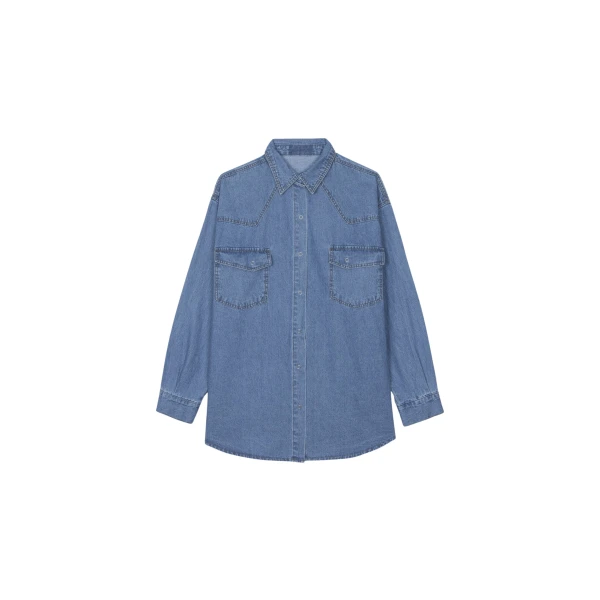 The Frankie Shop Desona Denim Shirt - Medium Wash - Oversized Minimalist Tops in Grey - Shop at Luxury Shoes 