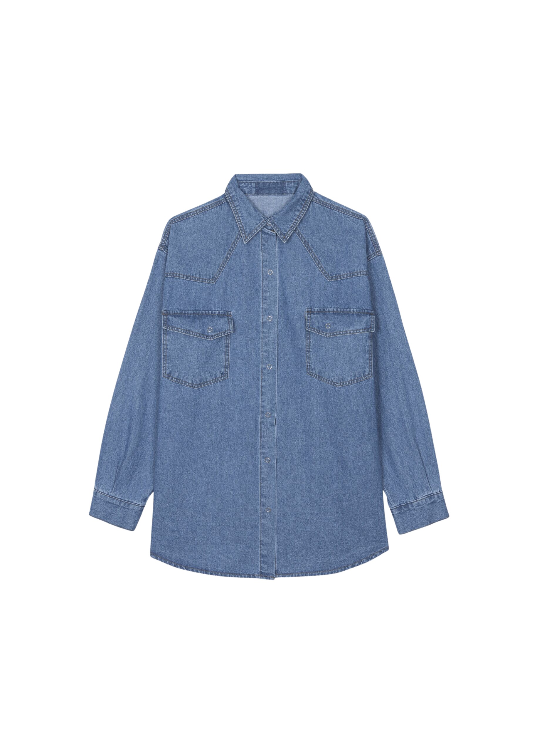 The Frankie Shop Desona Denim Shirt - Medium Wash - Oversized Minimalist Tops in Grey - Shop at Luxury Shoes 