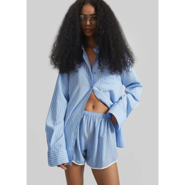 The Frankie Shop Deya Fluid Mini Boxer Shorts - Blue/White Stripe - Oversized Minimalist Shorts in Multicolour - Shop at Luxury Shoes 