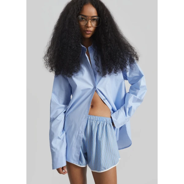 The Frankie Shop Deya Fluid Mini Boxer Shorts - Blue/White Stripe - Oversized Minimalist Shorts in Multicolour - Shop at Luxury Shoes 