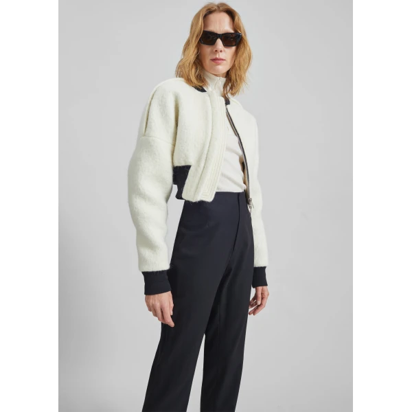 The Frankie Shop Dimaro Wool Cropped Bomber Jacket - Ivory - Oversized Minimalist Jackets in Ivory - Shop at Luxury Shoes 