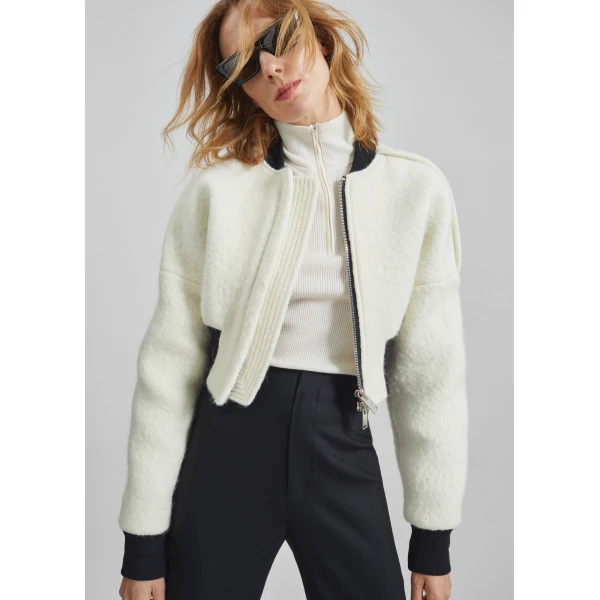 The Frankie Shop Dimaro Wool Cropped Bomber Jacket - Ivory - Oversized Minimalist Jackets in Ivory - Shop at Luxury Shoes 