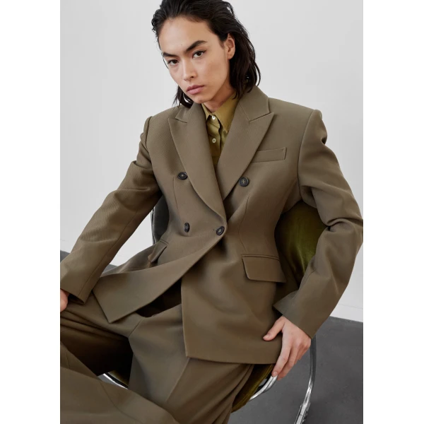 The Frankie Shop Dina Double Breasted Blazer - Khaki - Oversized Minimalist Jackets in Green - Shop at Luxury Shoes 