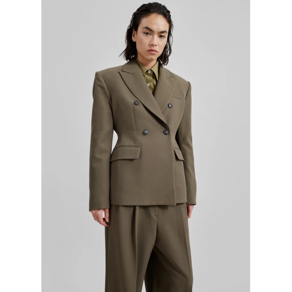 The Frankie Shop Dina Double Breasted Blazer - Khaki - Oversized Minimalist Jackets in Green - Shop at Luxury Shoes 