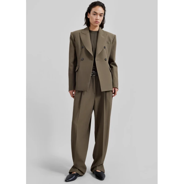The Frankie Shop Dina Double Breasted Blazer - Khaki - Oversized Minimalist Jackets in Green - Shop at Luxury Shoes 