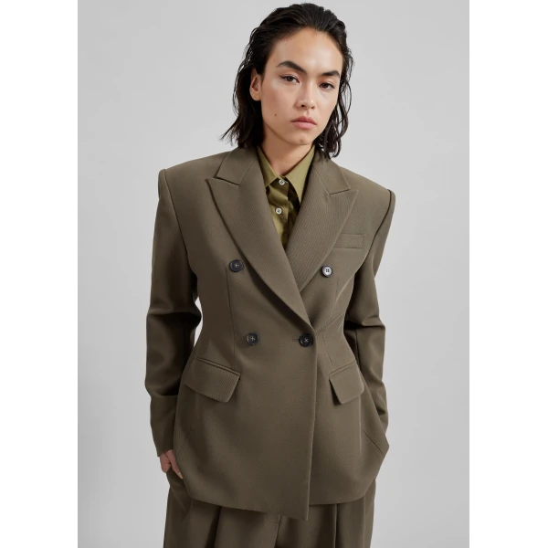 The Frankie Shop Dina Double Breasted Blazer - Khaki - Oversized Minimalist Jackets in Green - Shop at Luxury Shoes 