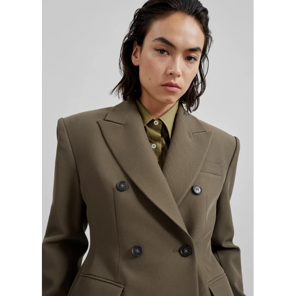 The Frankie Shop Dina Double Breasted Blazer - Khaki - Oversized Minimalist Jackets in Green - Shop at Luxury Shoes 