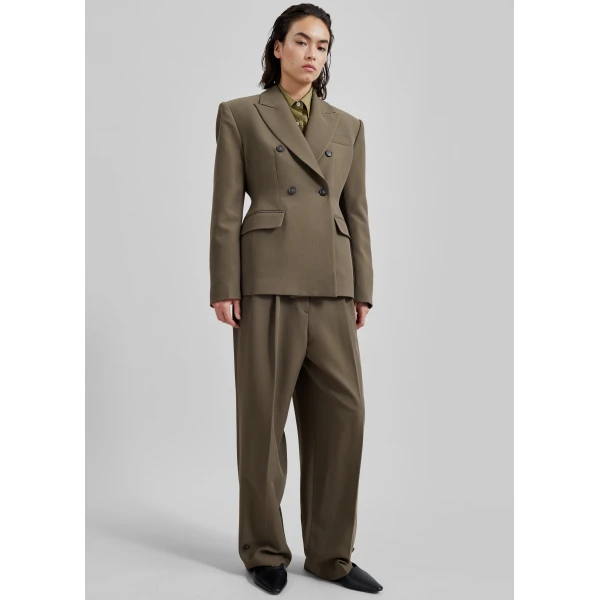 The Frankie Shop Dina Pleated Trousers - Khaki - Oversized Minimalist Pants in Green - Shop at Luxury Shoes 