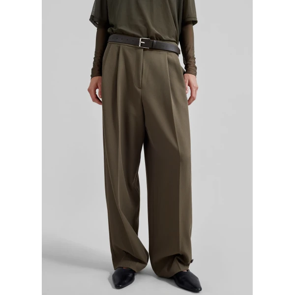 The Frankie Shop Dina Pleated Trousers - Khaki - Oversized Minimalist Pants in Green - Shop at Luxury Shoes 