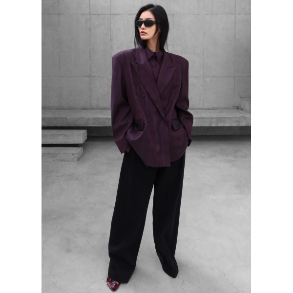The Frankie Shop Dinant Padded Double-Breasted Blazer - Burgundy Plaid - Oversized Minimalist Jackets in Multicolour - Shop at Luxury Shoes 