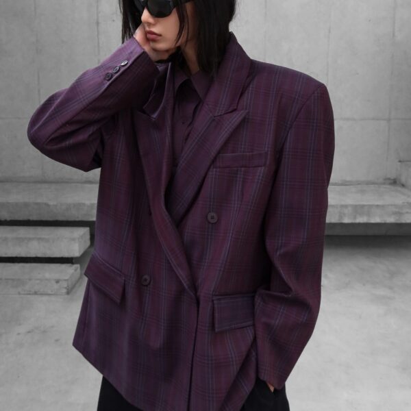 The Frankie Shop Dinant Padded Double-Breasted Blazer – Burgundy Plaid, view 3