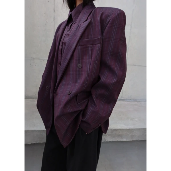 The Frankie Shop Dinant Padded Double-Breasted Blazer - Burgundy Plaid - Oversized Minimalist Jackets in Multicolour - Shop at Luxury Shoes 