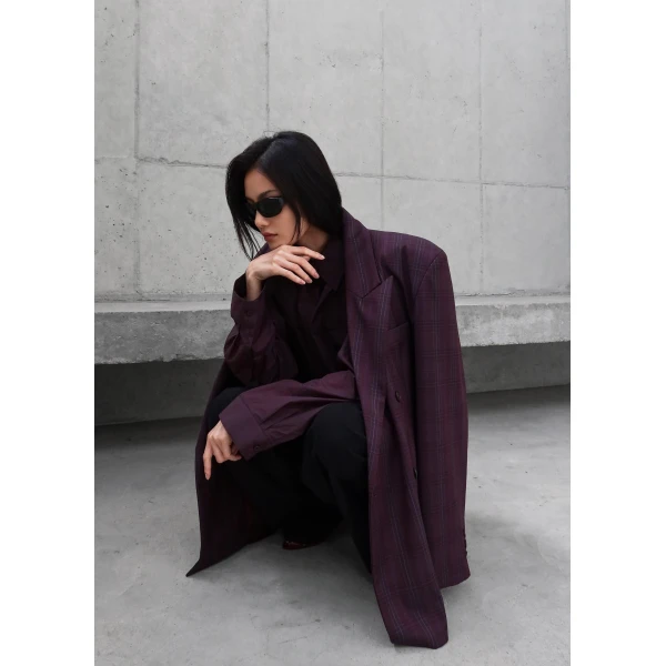 The Frankie Shop Dinant Padded Double-Breasted Blazer - Burgundy Plaid - Oversized Minimalist Jackets in Multicolour - Shop at Luxury Shoes 
