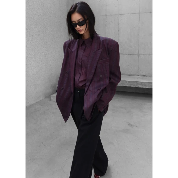 The Frankie Shop Dinant Padded Double-Breasted Blazer - Burgundy Plaid - Oversized Minimalist Jackets in Multicolour - Shop at Luxury Shoes 