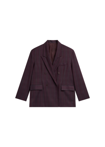The Frankie Shop Dinant Padded Double-Breasted Blazer - Burgundy Plaid - Oversized Minimalist Jackets in Multicolour - Shop at Luxury Shoes 