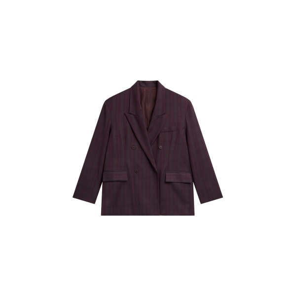 The Frankie Shop Dinant Padded Double-Breasted Blazer - Burgundy Plaid - Oversized Minimalist Jackets in Multicolour - Shop at Luxury Shoes 