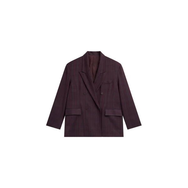 The Frankie Shop Dinant Padded Double-Breasted Blazer - Burgundy Plaid - Oversized Minimalist Jackets in Multicolour - Shop at Luxury Shoes 