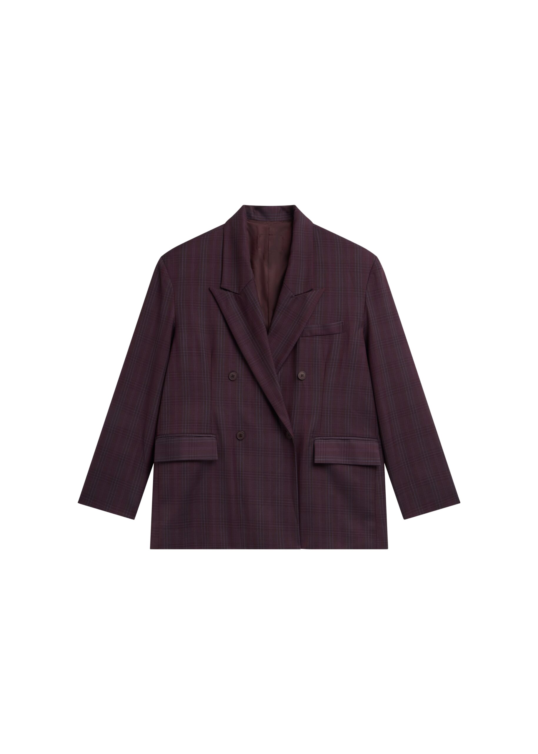 The Frankie Shop Dinant Padded Double-Breasted Blazer – Burgundy Plaid